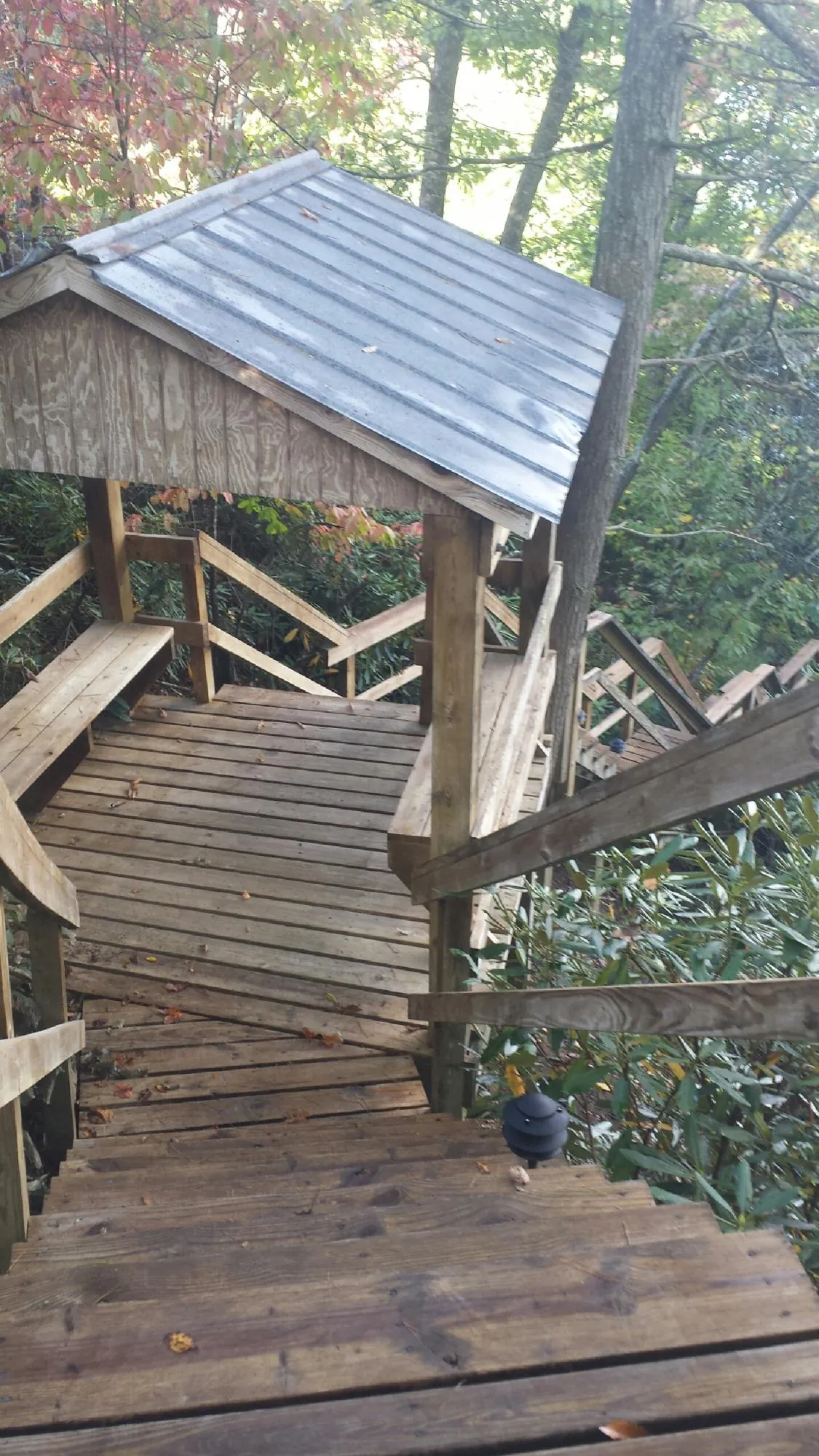 Metal roofed shelter over wooden steps on a wooded walkway — Skylight Repair & Installation work by our crew in Boyd
